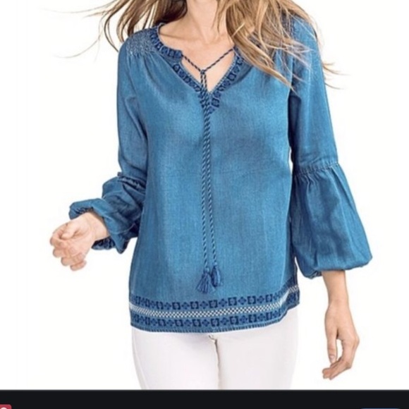 Southern Tide Brinkley Blouse Chambray Tassels Ruffle Sleeve Sz M NWT Great Gift - Picture 2 of 14